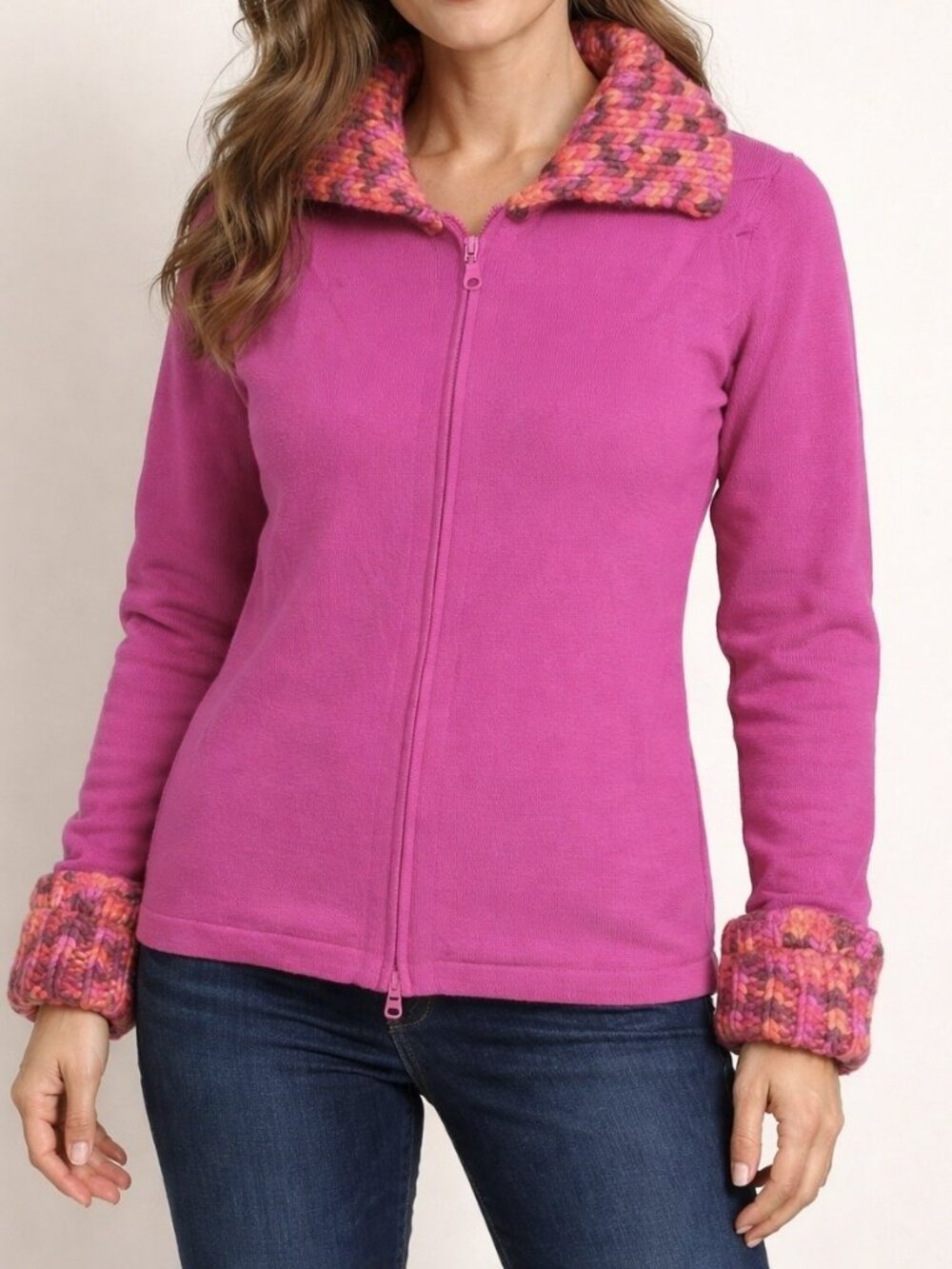 Mary Jane Marcasiano Fuchsia Full-zip Sweater Multi-colored Knit Collar size S